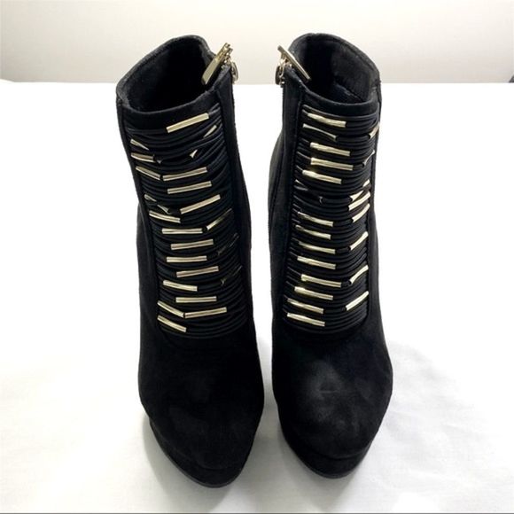 Bebe Black Suede Booties with Front Gold Accents - Picture 3 of 6